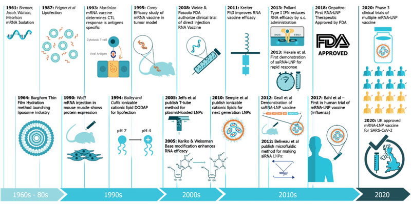Figure 1. A timeline of innovations that have contributed to mRNA vaccines and associated technologies